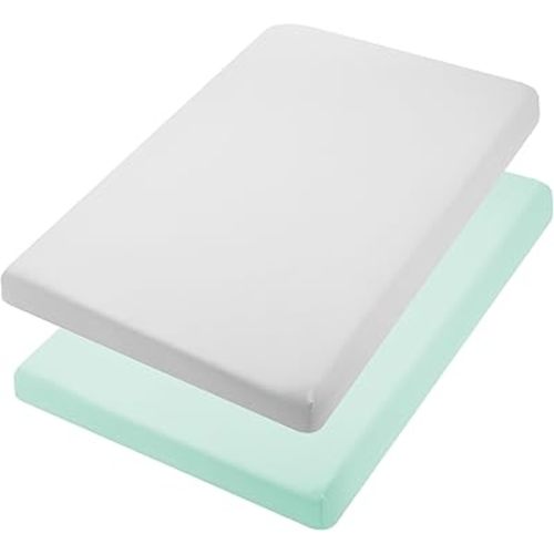 TILLYOU Mini Crib Sheets Fitted 2 Pack, Pack and Play Sheets for Toddler Mattress, Soft and Breathable 38”x 24” Pack n Play Mattresses Cover, Light Green & Light Gray