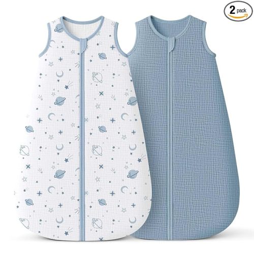 Konssy Muslin Baby Sleep Sack 0-6 Months 0.8 TOG, 2 Pack 100% Cotton Wearable Blanket for Babies, 2-Way Zipper Breathable Sleeping Sack Infant Toddler Essentials for Girls and Boys (Star, Blue)
