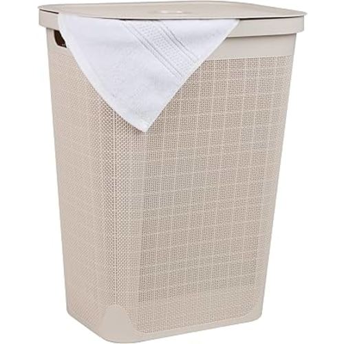 Mind Reader 60L Slim Laundry Hamper, Clothes Basket, Lid, Linen Design, Plastic, Ivory