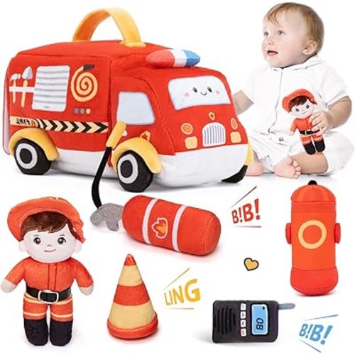 OUOZZZ Firetruck Toys for Toddlers 1-3 - Stuffed Toy Set with Baby Firefighter Doll - Fire Truck Plush Sensory Toy - First Birthday Gift for Boys Portable Toys Montessori- Fire Toy for Babies