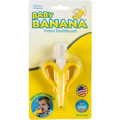Baby Banana Yellow Banana Infant Toothbrush, Easy to Hold, Made in the USA, Train Infants Babies and Toddlers for Oral Hygiene, Teether Effect for Sore Gums, 4.33" x 0.39" x 7.87", BR003