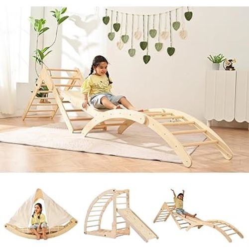Climbing Toys for Toddlers & Kids, 8-in-1 Pikler Triangle Set, Montessori Wooden Playground with Slide, Rocker & Arch Climber