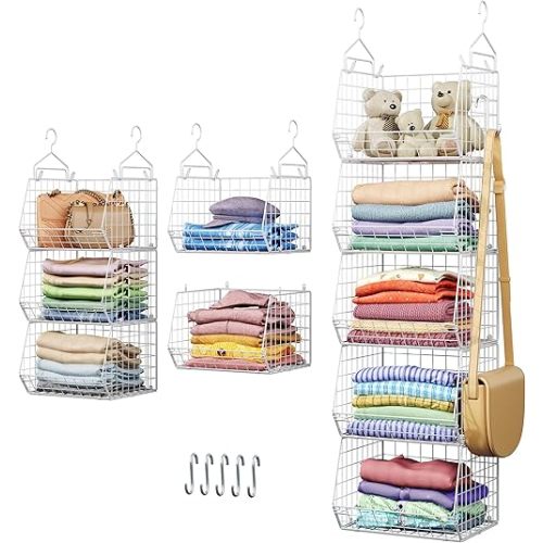 5 Tier Closet Hanging Organizer, Clothes Hanging Shelves with 4 Hanging Hooks 5 S Hooks, Wire Storage Basket Bins, for Clothing Sweaters Shoes Handbags Clutches Accessories Patent Design-White