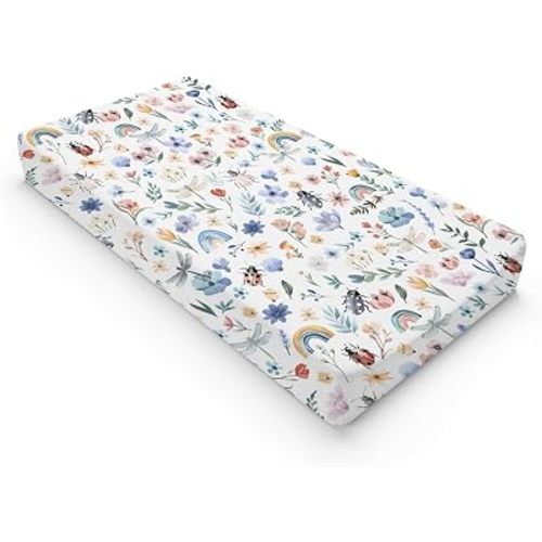 Spring Garden Flowers Rainbow Changing Pad Covers Watercolor Insects Floral Leaves Baby Diaper Changing Table Pad Sheets for Boy Girl Soft Stretchy Fitted Baby Changing Table Mats Covers 32''x16''