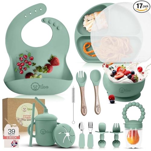 O'doe 17-Piece BPA-Free Silicone Baby Feeding Set | Thick & Soft Suction Plates, Baby Bowls, Wooden Fork & Spoon, and More | Make Mealtime Fun and Easy for Your Little One (Green, V2)