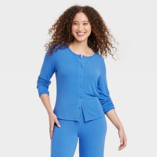 Women's Pointelle Pajama Cardigan - Auden™ Blue XL: Recycled Polyester Blend, Midweight, Long Sleeve, Button Down