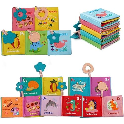 5-Pack Soft Cloth Crinkle Books for Babies 0-3, Washable Non-Toxic Sensory Early Educational Toys, Bath & Learning Cloth Books for Infants, Giftable Preschool Learning Gifts (Five Themes)