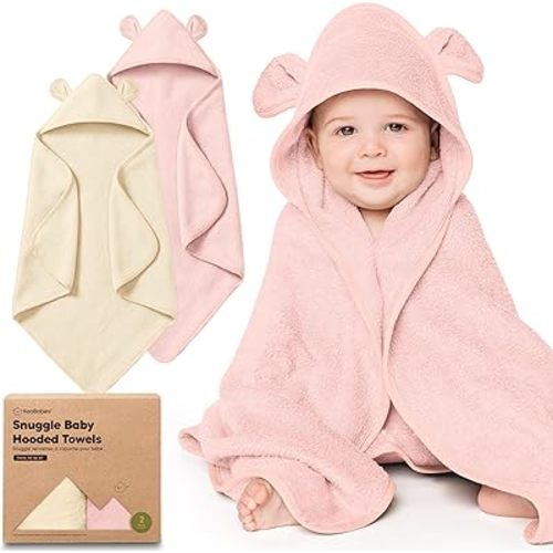 KeaBabies 2-Pack Hooded Baby Towels for Newborn - 30x30 Soft & Absorbent Viscose From Bamboo Baby Bath Towels with Hood for Infant, Toddler,Kids,Boys Girls,Newborn Bath Essentials (Rose Ivory, Petite)