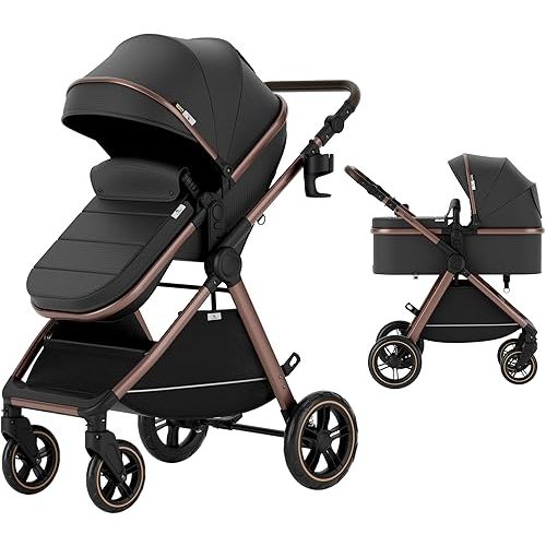 Accombe Baby Stroller, 2 in 1 Newborn Stroller Convertible Bassinet for Infant Toddler Pram with Footmuff (Copper)