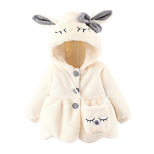 Infant Baby Girls Winter Coat Faux Fur Fleece Jacket Bunny Ear Hooded Coat with Bag Thick Button up Bubble Jacket