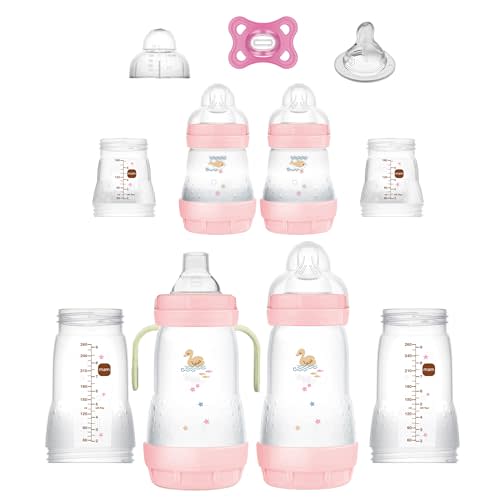 MAM Grow with Baby 11-Piece Gift Set, Newborn 0-4 Months, Anti-Colic Bottles and Silicone Nipples SkinSoft, Essential Baby Items, Girl