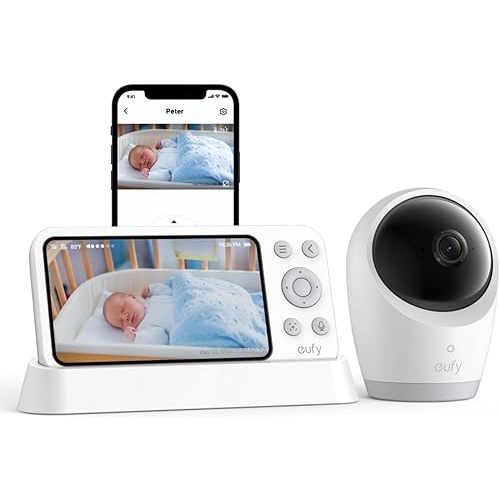 eufy Security Baby Monitor E21 with 4K UHD Camera, 5'' 720p Display, 8X Zoom, Hybrid Wi-Fi and No Wi-Fi Connection, 24/7 Recording in app, Pan-Tilt, Portable Camera with Built-in Battery, ANR