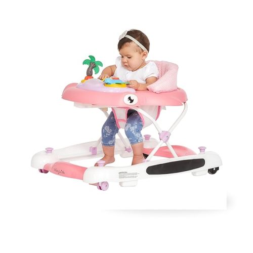 2-in-1 Aloha Fun Baby Walker in Pink, Easily Convertible Baby Walker, Adjustable Three Position Height Settings, Easy to Fold and Store