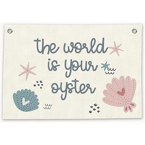 RTXLEZM Girl Room Decor, The World is Your Oyster Inspirational Canvas Banner Wall Hanging, Nautical Coastal Wall Art Prints for Toddler Girls Nursery Room Bedroom Playroom Decor, 20x30 Inch