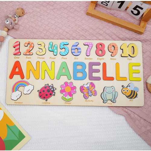 Personalized Name Puzzle with Numbers & Animals, Toy Gifts, Custom Wooden Puzzle for Toddlers, Best Baby Gift, 1st Christmas Kids Gifts
