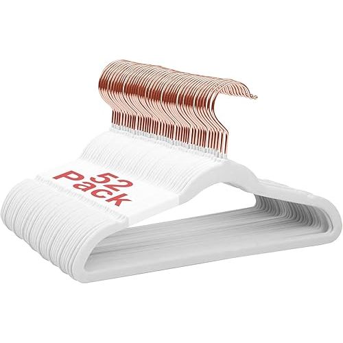 Baby Velvet Hangers, 52 Pack Kids Clothes Non-Slip Hangers With Shoulder Notches, Storage Organizer for Infant and Toddler White (Rose Gold Hook)