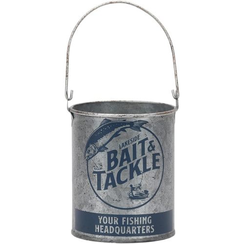 Lakeside Bait and Tackle Metal Bucket - Decorative Fishing Pail for Pencils, TV Remotes or Tools
