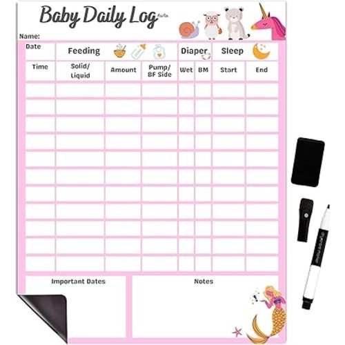 Baby Daily Log Chart Dry Erase Whiteboard for Logging Daily Schedule for Newborns and Toddlers, Log Feeding, Diaper Change, Naps and Daily Activities, Board for Refrigerator, with Pen and Eraser