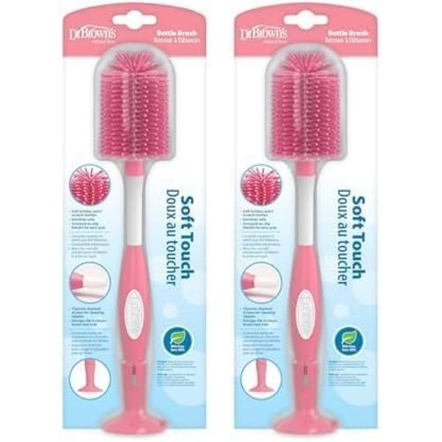 Dr. Brown's Soft Touch No Scratch Baby Bottle Cleaning Brush Nipple Cleaner with Stand and Storage Clip, BPA Free, Pink 2-Pack