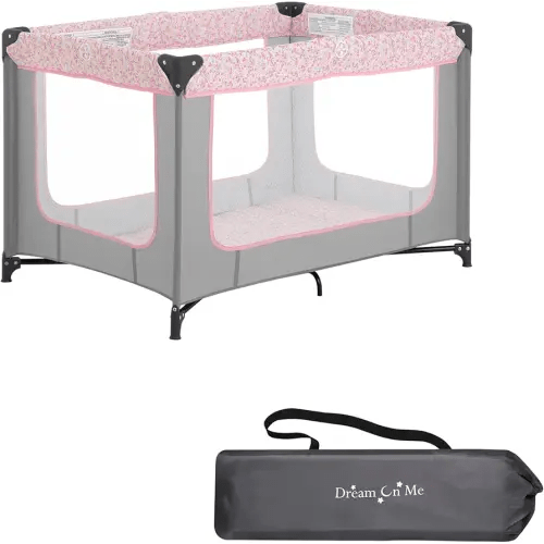 Dream On Me Zodiak Baby Playard, Breathable Mesh Sides, Soft Comfortable Mattress, Quick & Easy to Fold with Travel Carry Bag, Compact Space Saving Design - Grey & Pink