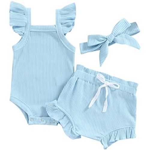 3pcs Toddler Girls Summer Outfits Ribbed Halter Crop Top Romper Bodysuit +Floral Bloomer Shorts+Headband Clothes Set