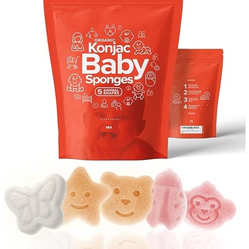 Konjac Baby Sponge for Bathing | Natural Cute Shapes | Kids Bath sponges for Infants | Toddler Bath time | Safe Organic Plant-Based | 5pcs Set : Bear, Monkey, Butterfly, Ladybug, Star