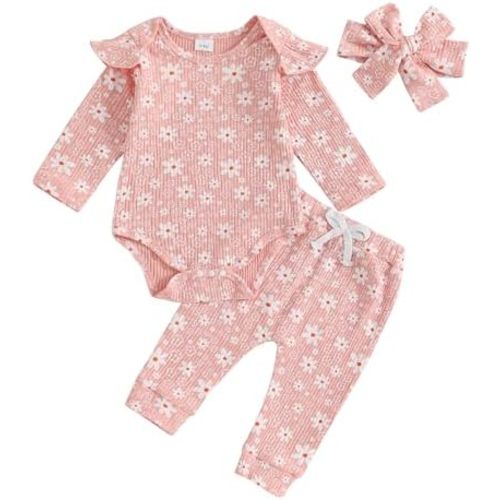 Newborn Baby Girl Outfits Flower Ribbed Ruffle Long Sleeve Romper Pant Headband 3Pcs Infant Fall Winter Clothes Set