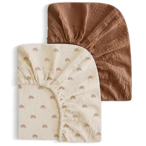 2 Pack Soft Muslin Baby Crib Sheets, 100% Cotton Breathable Double Layer Fitted Sheets for Standard Crib and Toddler Bed Mattresses 28x52 Inches, for Baby Girls and Boys (Brown & Rainbow