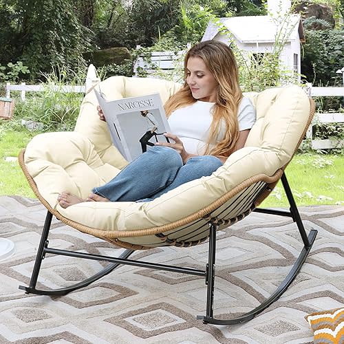 FINCATI Outdoor Indoor Papasan Rocking Chair,450 lbs Oversized Wicker Rattan Papasan Royal Recliner Chair with Cushion,Patio Lounge Egg Rocker Chair for Balcony Garden Living Room Beige
