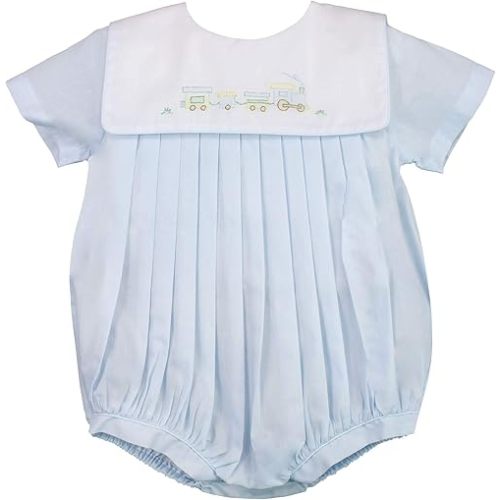 Baby Boys' Square Collar Romper with Train Embroidery