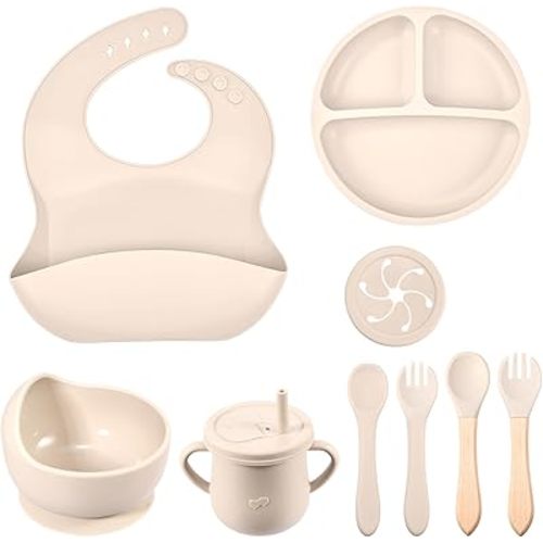Ensemble d'alimentation en silicone pour bébé, lot de 9 fournitures de sevrage LED, assiette d'aspiration et bol, bavoir réglable en silicone, tasses avec couvercles remplaçables, 2 cuillères et 2 fourchettes (beige)