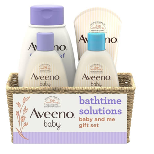Aveeno Baby Bathtime Solutions Baby & Me Gift Set with Baby Wash & Shampoo, Calming Baby Bath, Baby Daily Moisturizing Lotion & Stress Relief Body Wash for Mom, Oatmeal, 4 Items : Baby