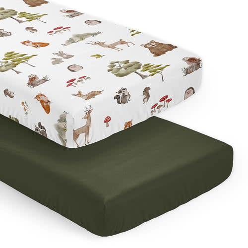 Sweet Jojo Designs 2-Piece Baby Crib Sheets Set (Woodland Animals) for Boys or Girls, Infant Nursery, Toddler Room - Standard Size (Forest Animal Friends, Neutral, Bear, Hedgehog, Fox, Dark Green)
