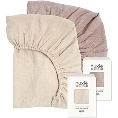 Crib Sheets – Organic Cotton Muslin Fitted Crib Sheet – Standard Size for Baby Boy and Baby Girl 28" x 52" Ultra-Soft and Breathable- 2-Pack (Fog/Blush)