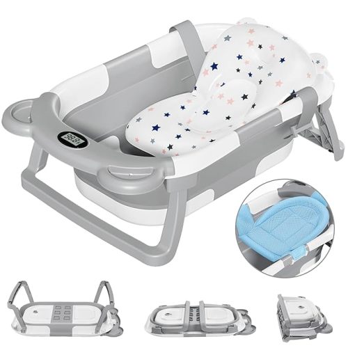 Amazon.com: MoreFeel Collapsible Baby Bathtub for Newborn with Thermometer & 1 Soft Floating Cushion & 1 Bath Net,Portable Travel Bathtub with Drain Hole, Durable Foldable Baby Tubs for Infants to Toddler : Baby