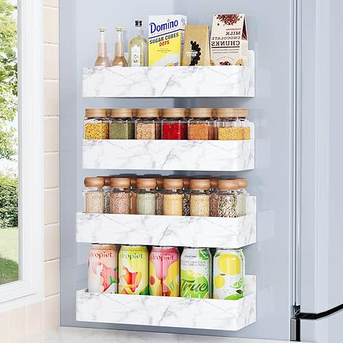 Magnetic Spice Rack for Refrigerator, Kitchen Organizer and Storage Shelf, Marble(4 Pack)…