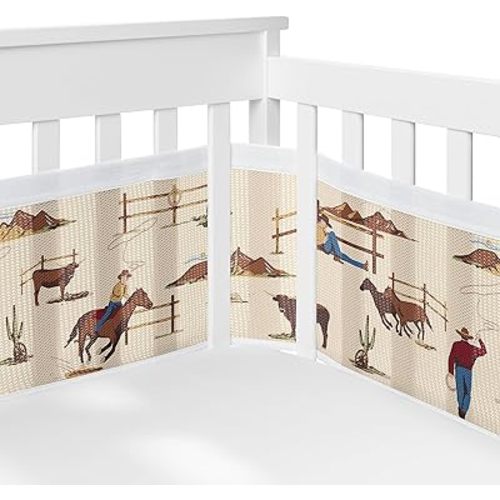 Sweet Jojo Designs + BreathableBaby Tan Brown Western Cowboy Boy Girl Gender Neutral Breathable Mesh Crib Liner Baby Infant Wild West Southern Horse Cow Animal Desert Brown Red White Blue