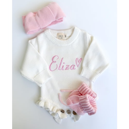 Personalized Birth Announcement Set - Hospital Outfit - Baby Shower Gift Set - Newborn Personalized Ruffle Romper - Organic Cotton -
