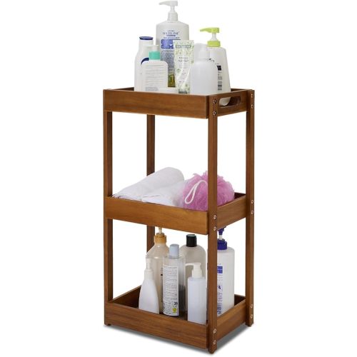 BEEFURNI Acacia Wood Shower Caddy, 3 Tier Shower Organizer, Sturdy Corner Shower Caddy, Wooden Bathroom Shelves Freestanding, Bathroom Standing Shelf (3T)