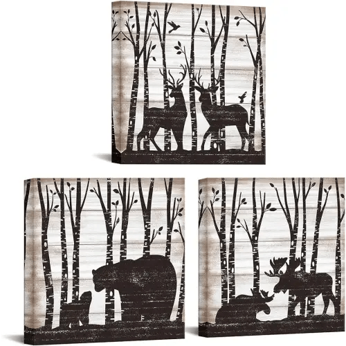 OuElegent 3 Piece Wild Animal Canvas Wall Art Black Bear Deer Moose Family in Forest Rustic Wood Painting Picture Abstract Artwork Prints for Home Farmhouse Bathroom Decor Framed Ready to Hang