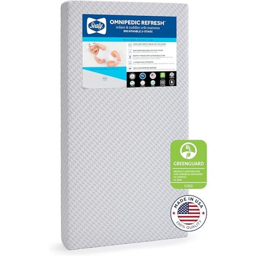 SEALY BABY OmniPedic Refresh Breathable 2 Stage Waterproof Crib Mattress Plus Toddler Bed Fit, Removable Knit Cover, GREENGUARD Gold Certified, Safety & Quality Tested, Made in USA, 52"X28" -Gray