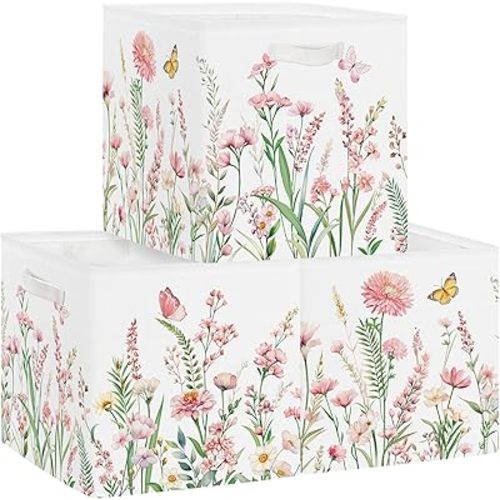 Clastyle Pink Wild Flower Kid Storage Basket Set Spring Butterfly Plants Foldable Closet Clothes Organizer Nursery Toddler Toy Bin Women Girl Book Shelf Basket, 11.8x11.8x11.8 in