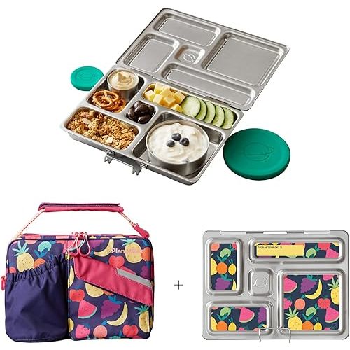 PlanetBox Rover Stainless Steel Bento Lunch Box with 5 Compartments, Tutti Frutti Carry Bag and Magnets