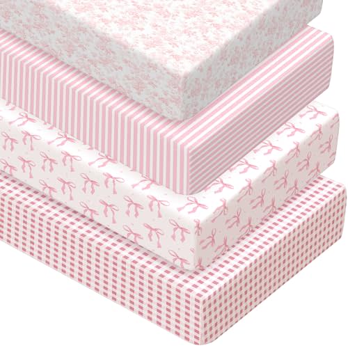 Peryiter 4 Pack Coquette Bow Crib Sheets for Girl Soft Baby Bed Sheet Set 52'' x 28" Pink Bow Nursery Sheets for Baby Standard Mattress Nursery Decor Boys or Girls