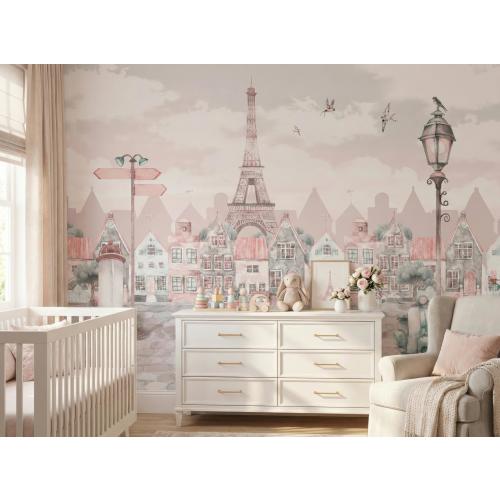 Pink Paris Nursery Wallpaper, Watercolor Baby Girl Room Mural