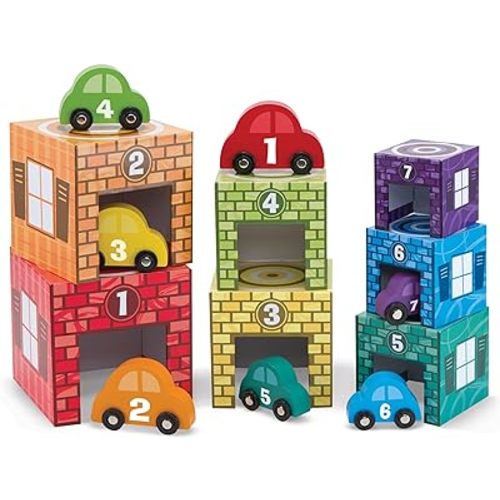 Melissa & Doug Nesting and Sorting Garages and Cars With 7 Graduated Garages and 7 Stackable Wooden Cars - FSC Certified
