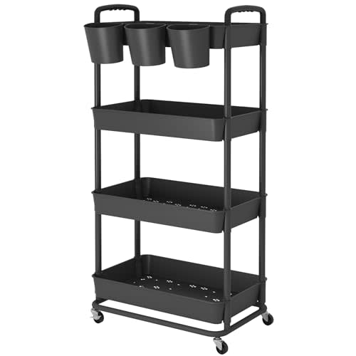 JIUYOTREE 4-Tier Plastic Rolling Storage Cart Utility Cart with Extra Hanging Cups Handles Lockable Wheels for Living Room Bathroom Kitchen Office Black