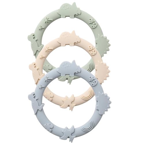 Silicone Teethers for Babies 0-6 6-12 Months Teething Toys for Infants Baby Chew Toys for Sucking Needs Baby Teething Rings for Infant Boys and Girls 3 Pack-Dinosaur-Blue