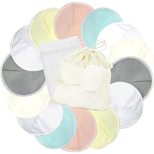 wegreeco Nursing Breast Pads (14 Pack) + Laundry Bag & Travel Storage Bag, 4.7 inch Option - Washable & Reusable Breastfeeding Nursing Pads (Peaceful, Large, Contoured Shape)