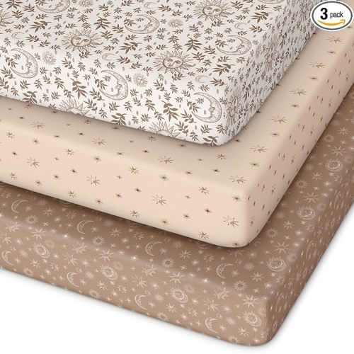 Unnivoll Pack and Play Sheets Fitted 3 Pack, Mini Crib Sheets for Pack N Play Mattress Stretchy Portable Playard Sheets, Soft Breathable White Brown Sun God